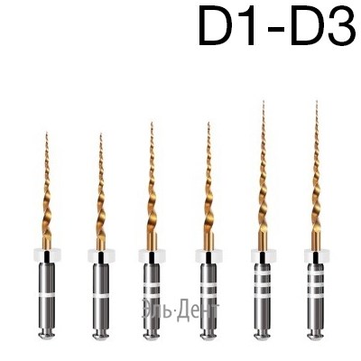 Ultratapers Gold набор: D1-D3 (D1x2, D2x2, D3x2), стерильные машинные файлы для перелечивания, никель-титан, (6шт.).Eurofile 1231919271 - фото 438007