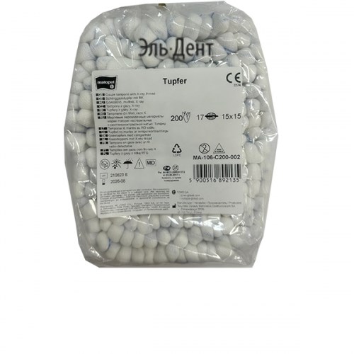 Тампоны усик 15х15см, нестерильный, марлевый с нитью РНК, 200шт. Matopat 1231917417 - фото 446340