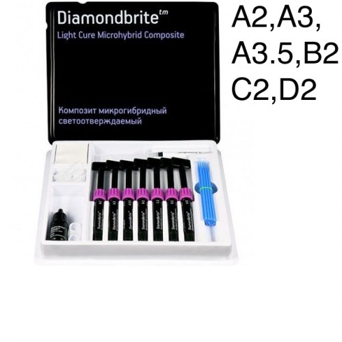 Diamondbrite Microhybrid LC набор (7шпр.х4г. A2,А3,А3.5,В2,С2,D2,универс. опак, Etchant gel 4г, One step Dentin/Enamel Bond 5мл, аксесс.) 1231917544 - фото 446861