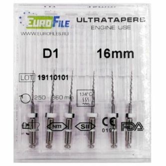 Ultratapers Engine Use D1, 16мм, машинные файлы для перелечивания, никель-титан, (6шт.).Eurofile