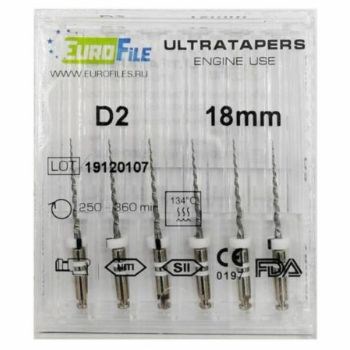 Ultratapers Engine Use D2, 18мм, машинные файлы для перелечивания,  никель-титан, (6шт.).Eurofile