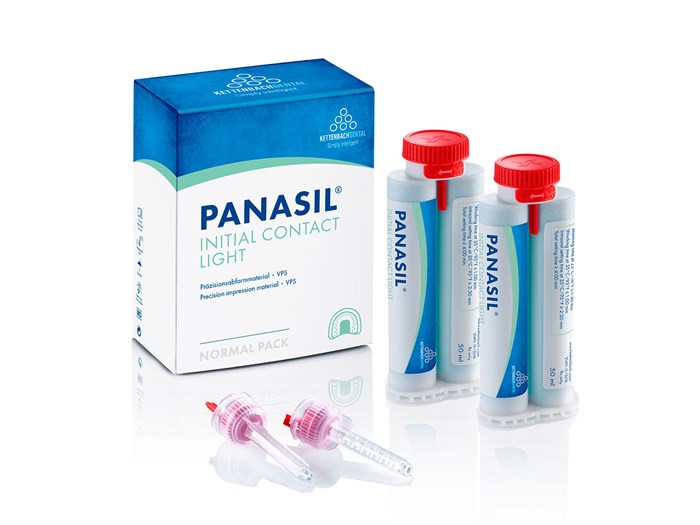 Panasil initial contact Light Normal pack - корригирующий материал на основе А-силикона, 2x50 мл + 8 смесителей new 1341111 - фото 376724