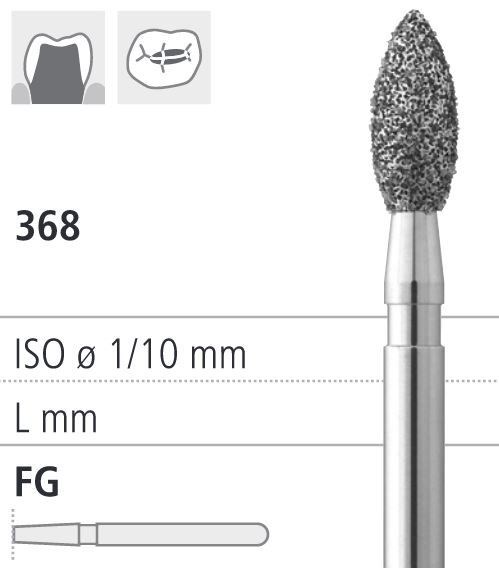 Боры стоматологические алмазные FG 368/016, 6шт. ISO код 314257524016, арт: FG252/6 FG252/6 - фото 385839