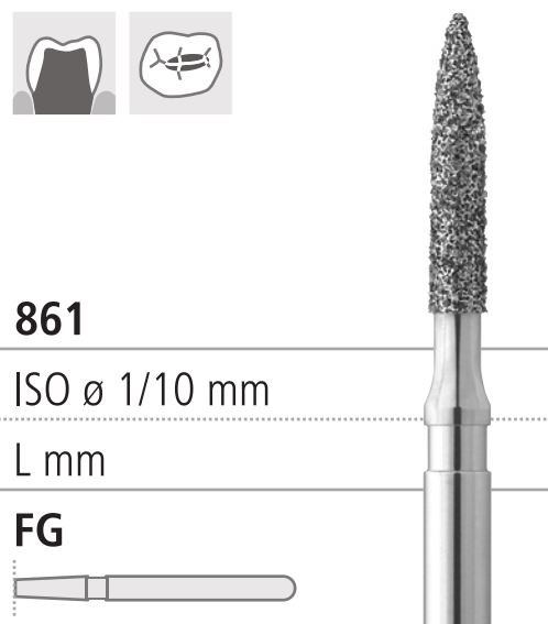 Боры стоматологические алмазные FG 861/014, 6шт. ISO код 314248524014, арт: FG285L/6 FG285L/6 - фото 385969