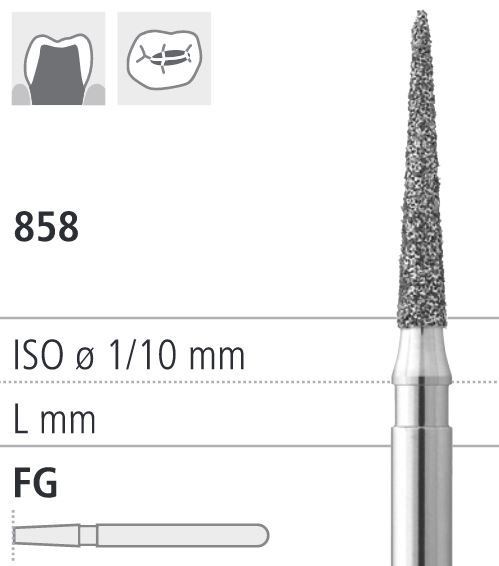 Боры стоматологические алмазные FG 858/010, 6шт. ISO код 314165524010., арт: FGD11/6 FGD11/6 - фото 386129