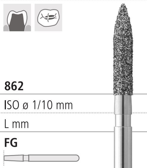 Боры стоматологические алмазные FG 862/016, зел., 6шт. ISO код 314249534016, арт: FG311/6 C FG311/6C - фото 386175