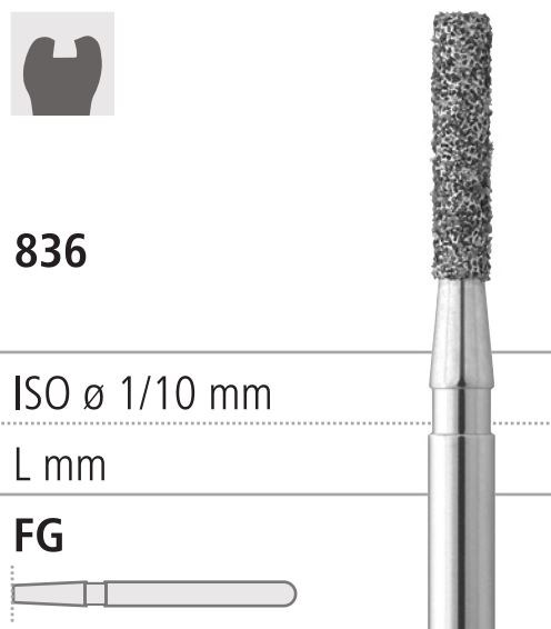 Боры стоматологические алмазные FG 836/014, 6шт. ISO код 314110524014, арт: FG114/6 FG114/6 - фото 387923