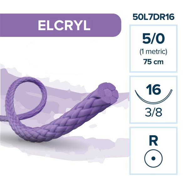 Лактисорб ELCRYL — рассасывающаяся нить, 3/8, колющая игла 16 мм, толщина 5/0(1), 75 см 50L7DR16 - фото 389012