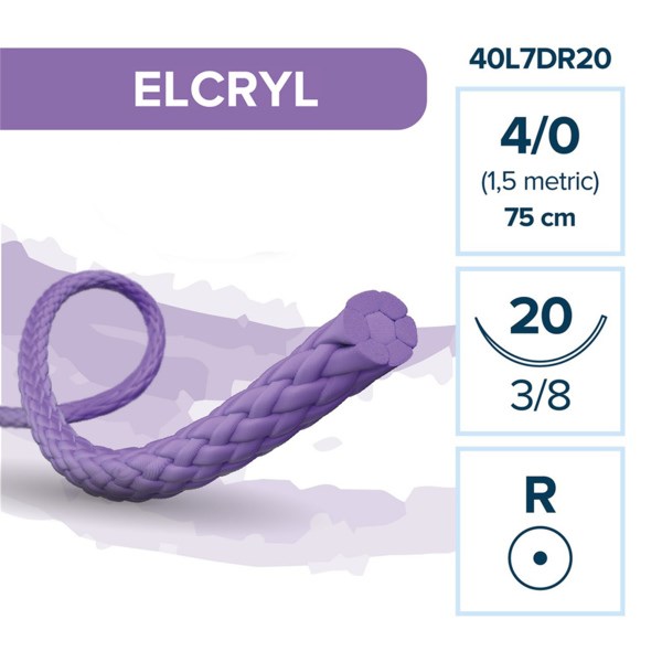 Лактисорб ELCRYL — рассасывающаяся нить, 3/8, колющая игла 20 мм, толщина 4/0(1,5), 75 см 40L7DR20 - фото 389022