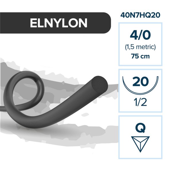 Полиамид ELNYLON — нерассасывающаяся нить, 1/2, обратно-режущая игла 20 мм, толщина 4/0 (1,5), 75 см, 12 шт 40N7HQ20 - фото 389054