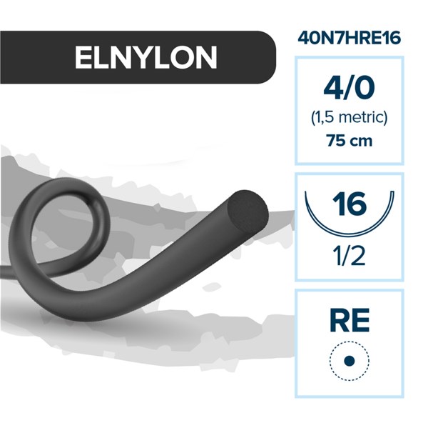 Полиамид ELNYLON — нерассасывающаяся нить, 1/2, колющая игла с квадратным телом 16 мм, толщина 4/0 (1,5), 75 см, 12 шт 40N7HRE16 - фото 389061