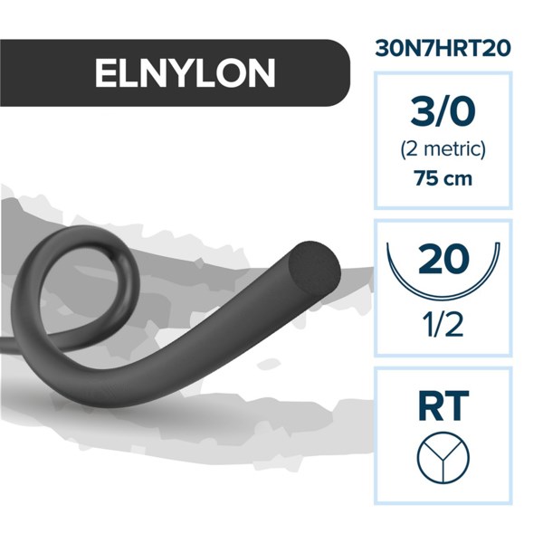 Полиамид ELNYLON — нерассасывающаяся нить, 1/2, таперкат 20 мм, толщина 3/0 (2), 75 см, 12 шт 30N7HRT20 - фото 389066