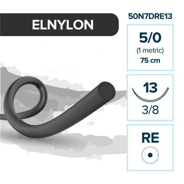 Полиамид ELNYLON — нерассасывающаяся нить, 3/8, колющая игла с квадратным телом 13 мм, толщина 5/0 (1), 75 см, 12 шт 50N7DRE13 - фото 389072