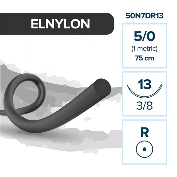 Полиамид ELNYLON — нерассасывающаяся нить, 3/8, колющая игла 13 мм, толщина 5/0 (1), 75 см, 12 шт 50N7DR13 - фото 389091