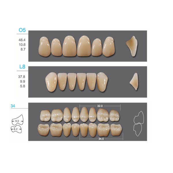 Kaifeng - зубы акриловые, верхние O5, овальные, цвет A2, коробка 4х28шт A2O5/L8/34_Kaifeng - фото 400004