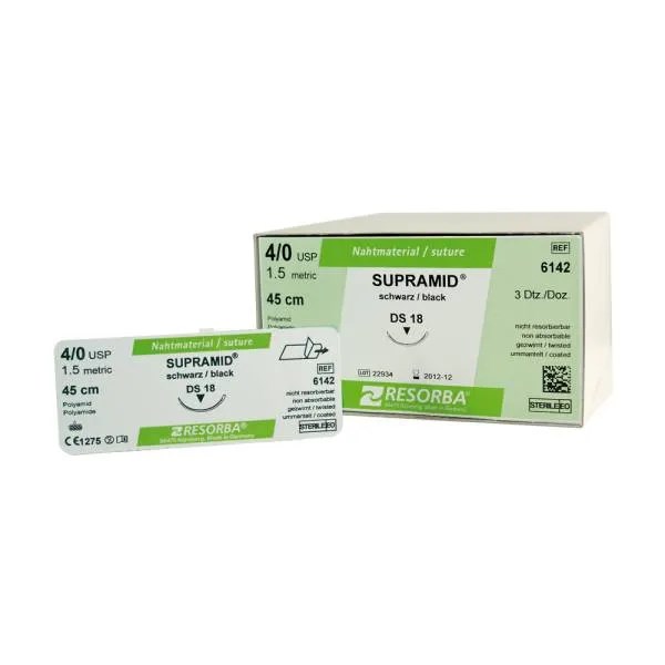 Супрамид (Supramid) черный 4/0, 1,5 EP, DS 18 (О/Р 3/8), 45см, 1шт, 6142, Resorba УТ-00005905 - фото 518429