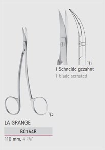 Ножницы препаровальные LA GRANGE, изогнутые, 1 зубчатое лезвие, длина 110 мм BC154R