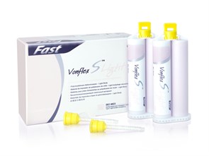 Материал стоматологический слепочный силиконовый Vonflex S Light FastVonflex S Light Fast: А-силиконовый коригирующий слепочный материал, высокотекучий, ускоренного времени полимеризации Vonflex-S-Light-Fast