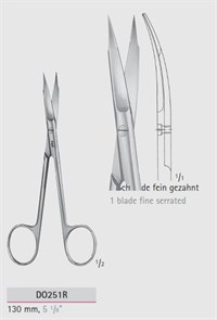 Ножницы препаровальные Goldman-Fox, изогнутые, 1 зубчатое лезвие, длина 130 мм DO251R