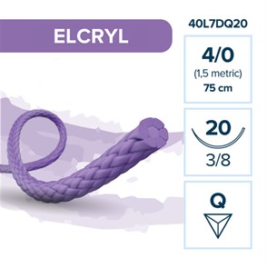 Лактисорб ELCRYL — рассасывающаяся нить, 3/8, обратно-режущая игла 20 мм, толщина 4/0(1,5), 75 см 40L7DQ20-(904-003)