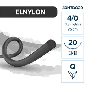 Полиамид ELNYLON — нерассасывающаяся нить, 3/8, обратно-режущая игла 20 мм, толщина 4/0 (1,5), 75 см, 12 шт 40N7DQ20