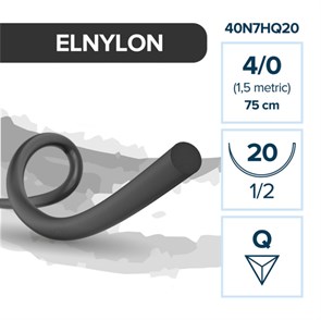 Полиамид ELNYLON — нерассасывающаяся нить, 1/2, обратно-режущая игла 20 мм, толщина 4/0 (1,5), 75 см, 12 шт 40N7HQ20