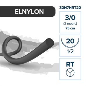 Полиамид ELNYLON — нерассасывающаяся нить, 1/2, таперкат 20 мм, толщина 3/0 (2), 75 см, 12 шт 30N7HRT20