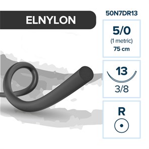 Полиамид ELNYLON — нерассасывающаяся нить, 3/8, колющая игла 13 мм, толщина 5/0 (1), 75 см, 12 шт 50N7DR13