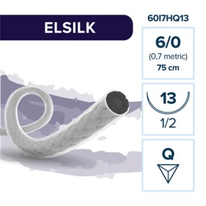 ELSILK S — нерассасывающаяся нить, 1/2, обратно-режущая игла 13 мм, толщина 6/0 (0,7), 75 см, 12 шт 60I7HQ13-(904-031)