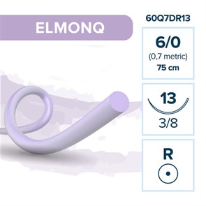 Моноквик ELMONQ — рассасывающаяся нить, 3/8, колющая игла 13 мм, толщина 6/0 (0,7), 75 см, 12 шт 60Q7DR13