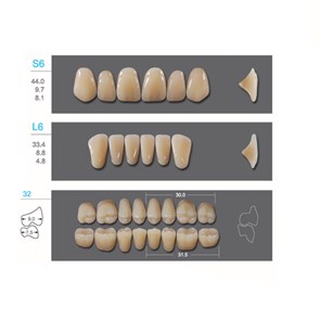 Kaili - зубы акриловые, верхние S6/нижние L6, цвет D3, размер 32, коробка 4х28 шт D3S6/L6/32_Kaili