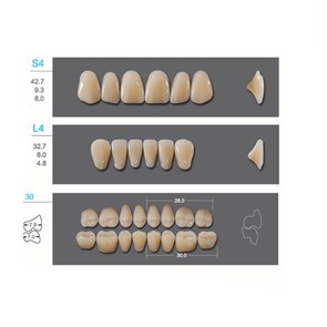 Kaili - зубы акриловые, верхние S4/нижние L4, цвет D3, размер 30, коробка 4х28 шт D3S4/L4/30_Kaili
