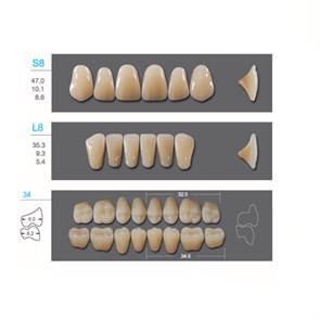 Kaili - зубы акриловые, верхние S8/нижние L8, цвет B3, размер 34, коробка 4х28 шт B3S8/L8/34_Kaili