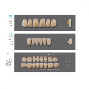 Kaili - зубы акриловые, верхние S2/нижние L2, цвет B3, размер 30, коробка 4х28 шт B3S2/L2/30_Kaili