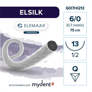 Шовный материал ELSILK 6/0 (12 шт, 75 см, 1/2, 13 мм, обратно-режущая) 60I7HQ13