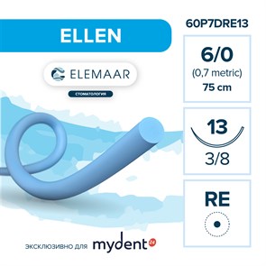 Шовный материал ELLEN 6/0 (12 шт, 75 см, 3/8, 13 мм, колющая с квадратным телом) 60P7DRE13